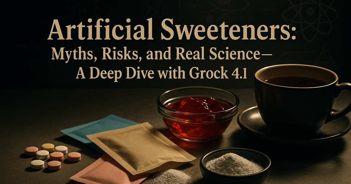 An artistic arrangement of artificial sweeteners, tea, and jelly with the episode title displayed prominently.